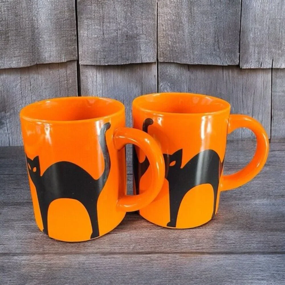 Crate & Barrel Orange Coffee Mug Cup Purple Black Halloween Cats Ceramic Set‎ 2